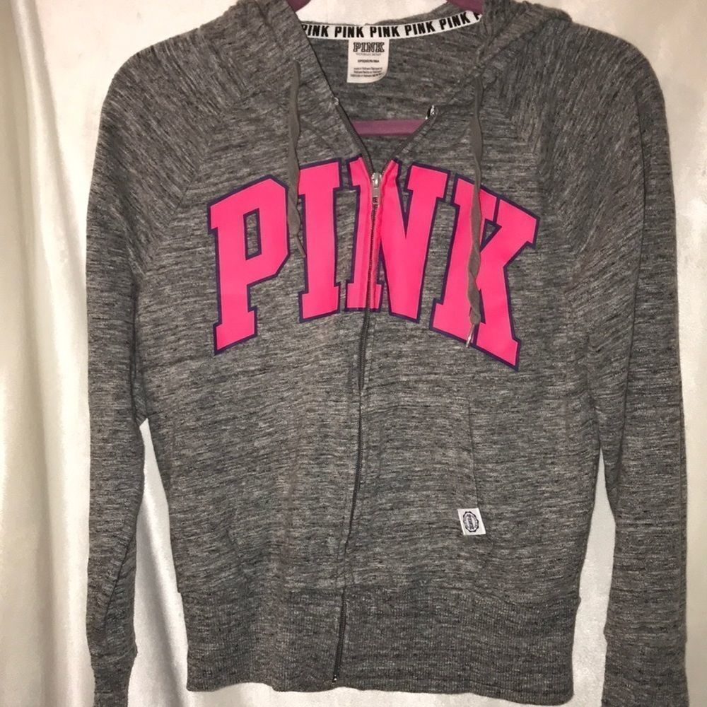 Victoria's Secret PINK Zip Up Hoodie Gray Neon Pink Logo Thumbholes Small